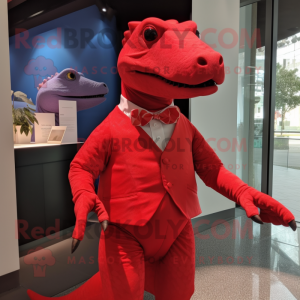 Red Iguanodon mascot costume character dressed with a Midi Dress and Bow ties