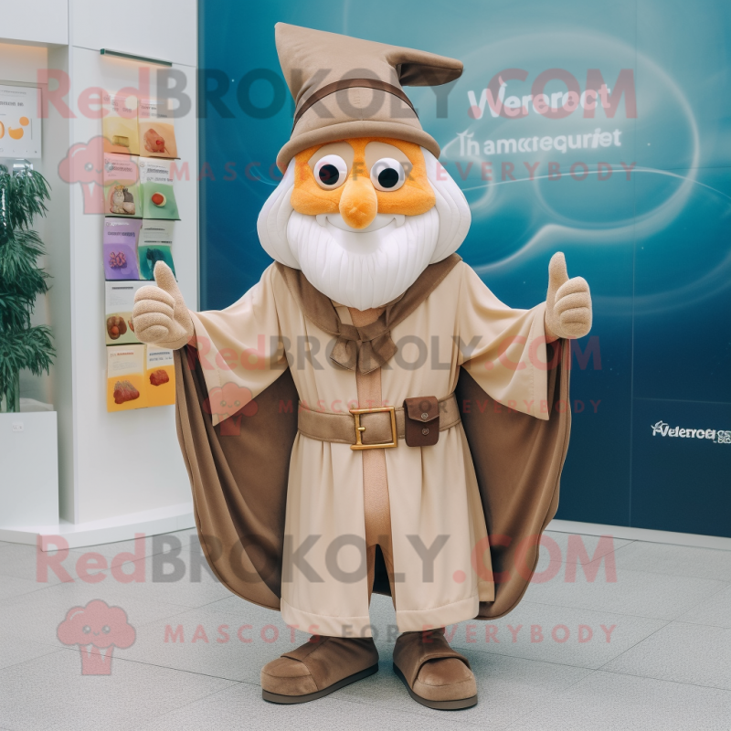 Tan Wizard mascot costume character dressed with a Vest and Bow ties Tan Wizard mascot costume character dressed with a Vest and Bow ties