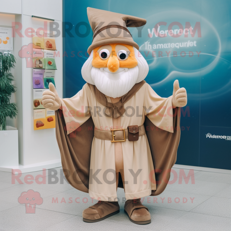 Tan Wizard mascot costume character dressed with a Vest and Bow ties