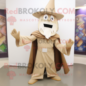 Tan Wizard mascot costume character dressed with a Vest and Bow ties