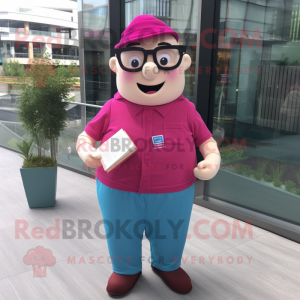 Magenta Pink mascot costume character dressed with a Chambray Shirt and Reading glasses