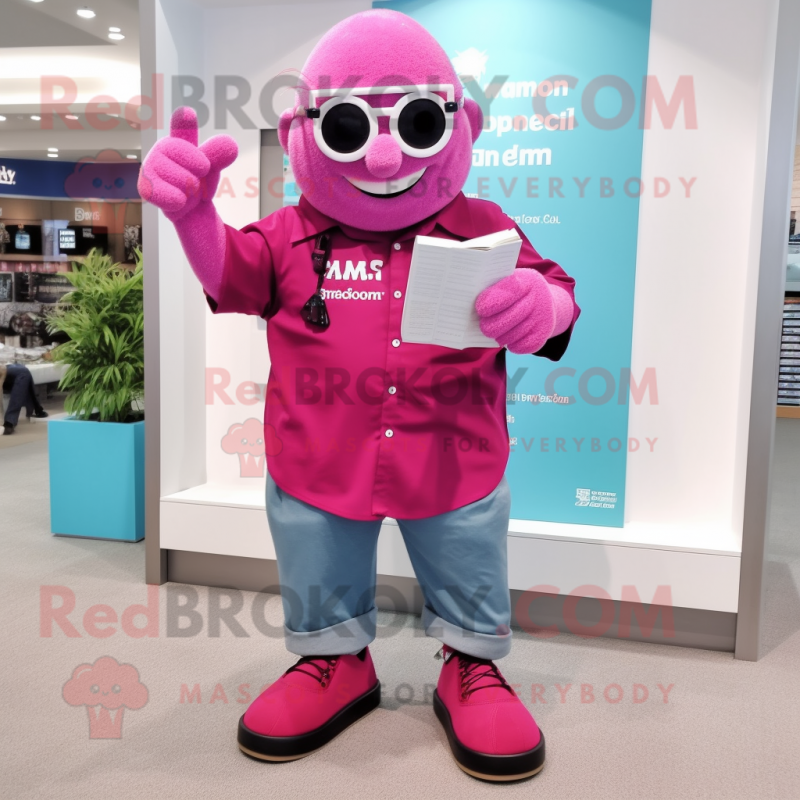 Magenta Pink mascot costume character dressed with a Chambray Shirt and Reading glasses