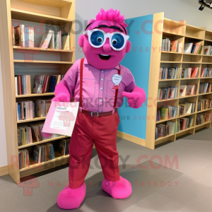 Magenta Pink mascot costume character dressed with a Chambray Shirt and Reading glasses