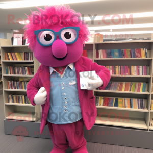 Magenta Pink mascot costume character dressed with a Chambray Shirt and Reading glasses
