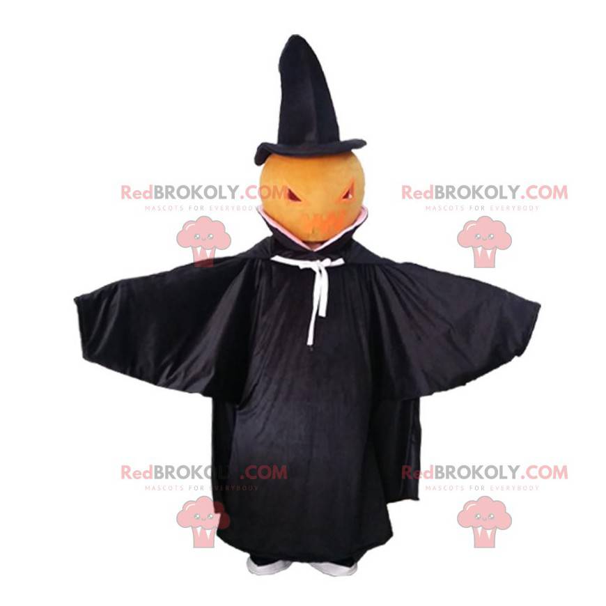 Kürbismaskottchen mit einem schwarzen Umhang, Halloween-Kostüm