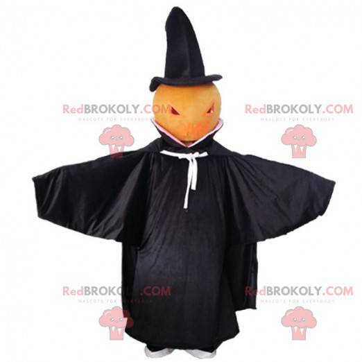 Mascotte zucca con mantello nero, costume di Halloween -