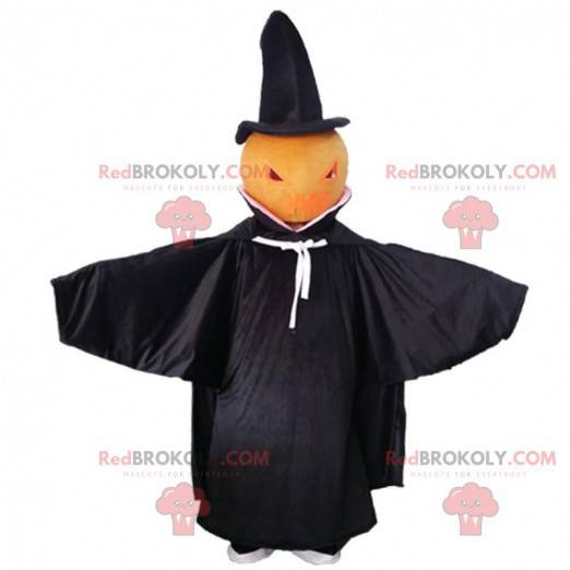 Pumpkin mascot with a black cape, Halloween costume -