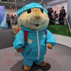 Turquoise Guinea Pig mascot costume character dressed with a Windbreaker and Suspenders