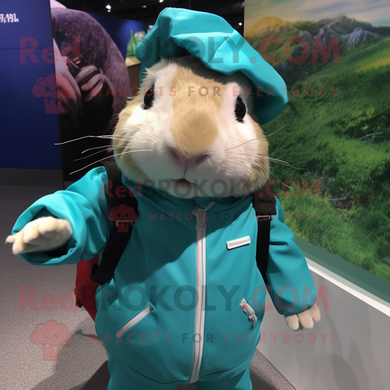 Turquoise Guinea Pig mascot costume character dressed with a Windbreaker and Suspenders