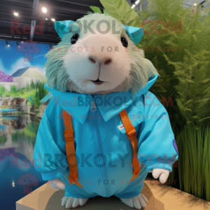 Turquoise Guinea Pig mascot costume character dressed with a Windbreaker and Suspenders