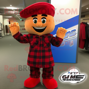Red Gi Joe mascot costume character dressed with a Flannel Shirt and Clutch bags