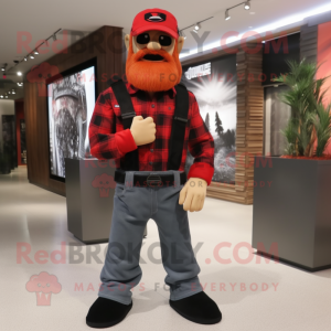 Red Gi Joe mascot costume character dressed with a Flannel Shirt and Clutch bags