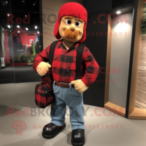 Red Gi Joe mascot costume character dressed with a Flannel Shirt and Clutch bags