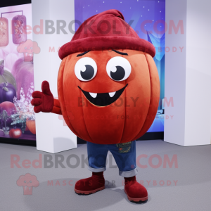 Maroon Pumpkin mascot costume character dressed with a Boyfriend Jeans and Beanies