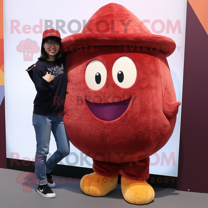 Maroon Pumpkin mascot costume character dressed with a Boyfriend Jeans and Beanies Maroon Pumpkin mascot costume character dressed with a Boyfriend Jeans and Beanies