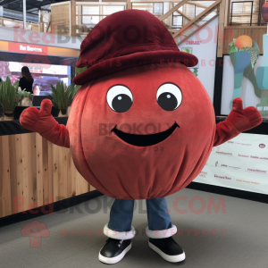 Maroon Pumpkin mascot costume character dressed with a Boyfriend Jeans and Beanies