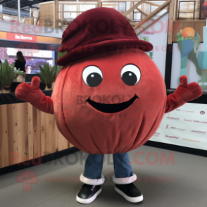 Maroon Pumpkin mascot costume character dressed with a Boyfriend Jeans and Beanies