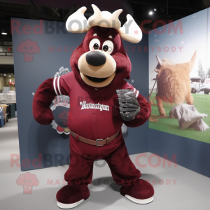 Maroon Reindeer mascot costume character dressed with a Baseball Tee and Handbags