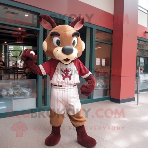 Maroon Reindeer mascot costume character dressed with a Baseball Tee and Handbags