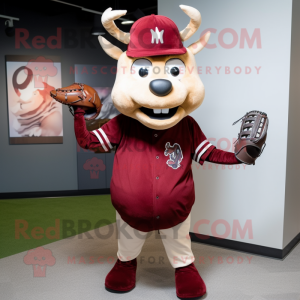 Maroon Reindeer mascot costume character dressed with a Baseball Tee and Handbags