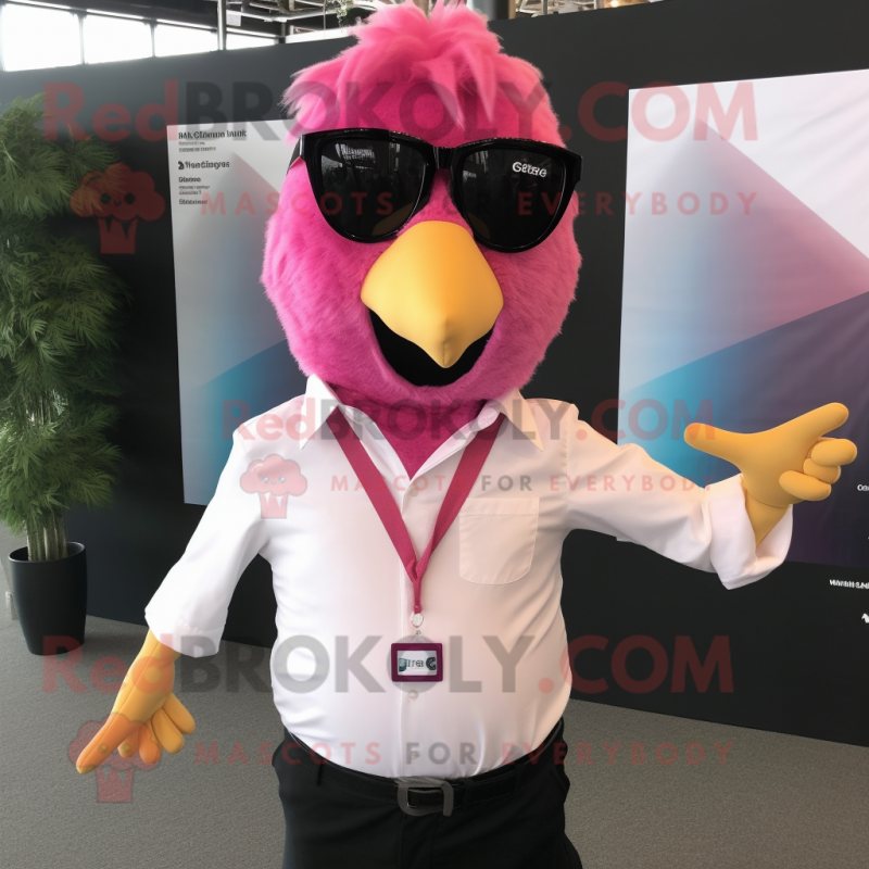 Pink Hens mascot costume character dressed with a Dress Shirt and Sunglasses