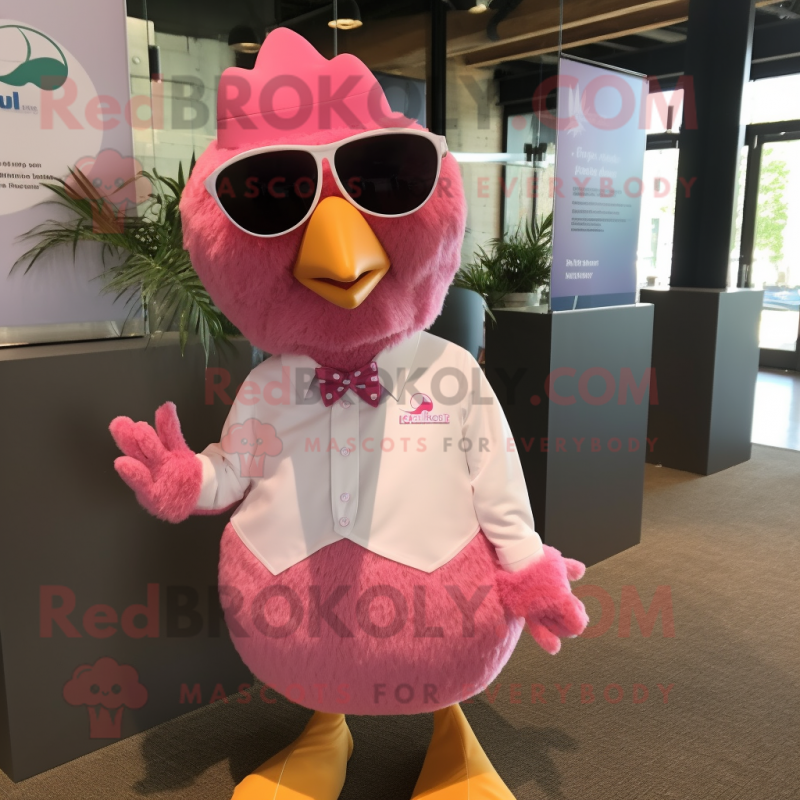 Pink Hens mascot costume character dressed with a Dress Shirt and Sunglasses Pink Hens mascot costume character dressed with a Dress Shirt and Sunglasses