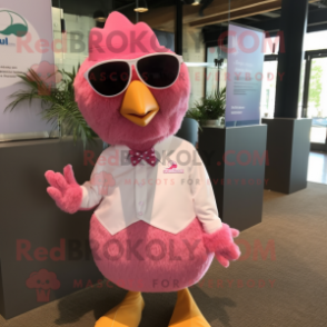 Pink Hens mascot costume character dressed with a Dress Shirt and Sunglasses