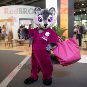 Magenta Civet mascot costume character dressed with a Jumpsuit and Tote bags