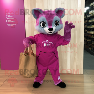 Magenta Civet mascot costume character dressed with a Jumpsuit and Tote bags