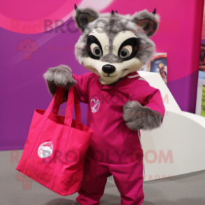 Magenta Civet mascot costume character dressed with a Jumpsuit and Tote bags