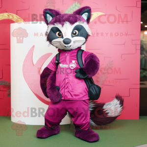 Magenta Civet mascot costume character dressed with a Jumpsuit and Tote bags