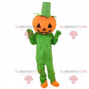 Traje de abóbora laranja e verde, mascote de Halloween -