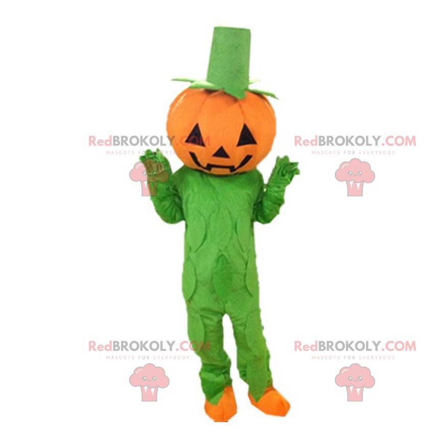 Traje de abóbora laranja e verde, mascote de Halloween -