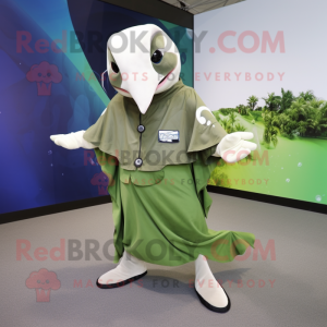 Olive Manta Ray mascot costume character dressed with a Polo Shirt and Cummerbunds