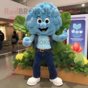 Sky Blue Cauliflower mascot costume character dressed with a Jeans and Watches