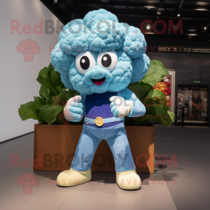 Sky Blue Cauliflower mascot costume character dressed with a Jeans and Watches