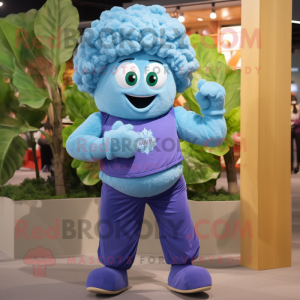 Sky Blue Cauliflower mascot costume character dressed with a Jeans and Watches
