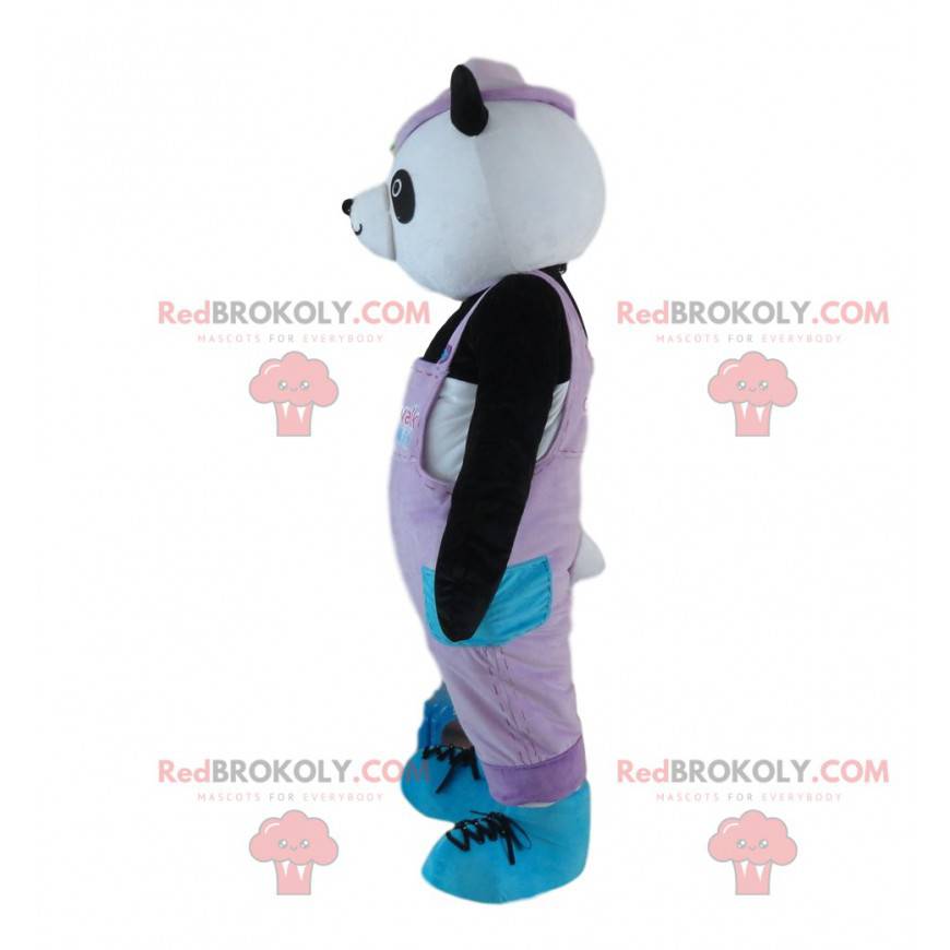 Panda mascotte, orso bianco e nero vestito di rosa -