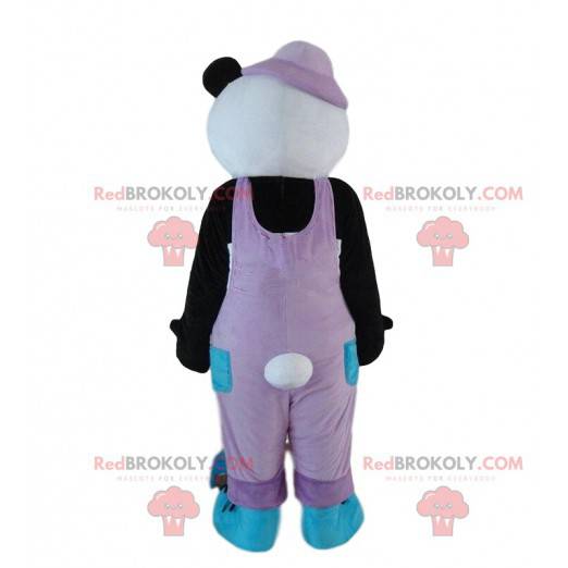 Panda mascotte, zwart-witte beer gekleed in roze -