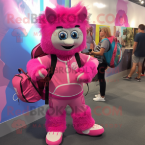 Pink Bracelet mascot costume character dressed with a Romper and Backpacks