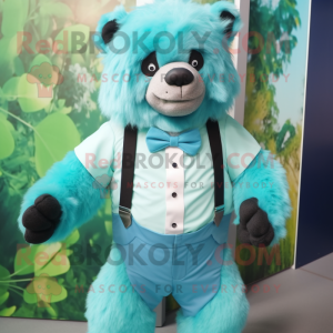Cyan Sloth Bear mascot costume character dressed with a Romper and Bow ties