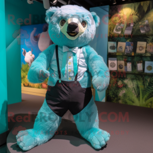 Cyan Sloth Bear mascot costume character dressed with a Romper and Bow ties