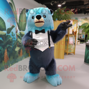 Cyan Sloth Bear mascot costume character dressed with a Romper and Bow ties