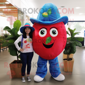Blue Strawberry mascot costume character dressed with a Mom Jeans and Hats
