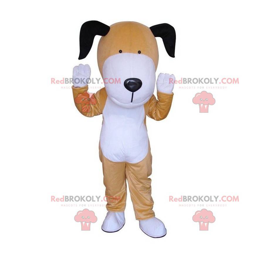 Hnědý a bílý pes maskot, dvoubarevný pejsek kostým -