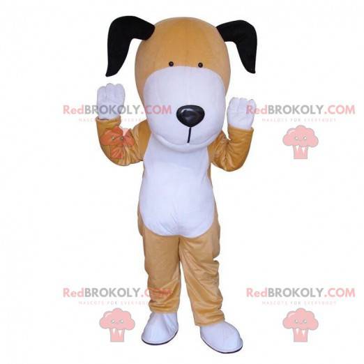 Mascote cachorro marrom e branco, fantasia de cachorrinho em