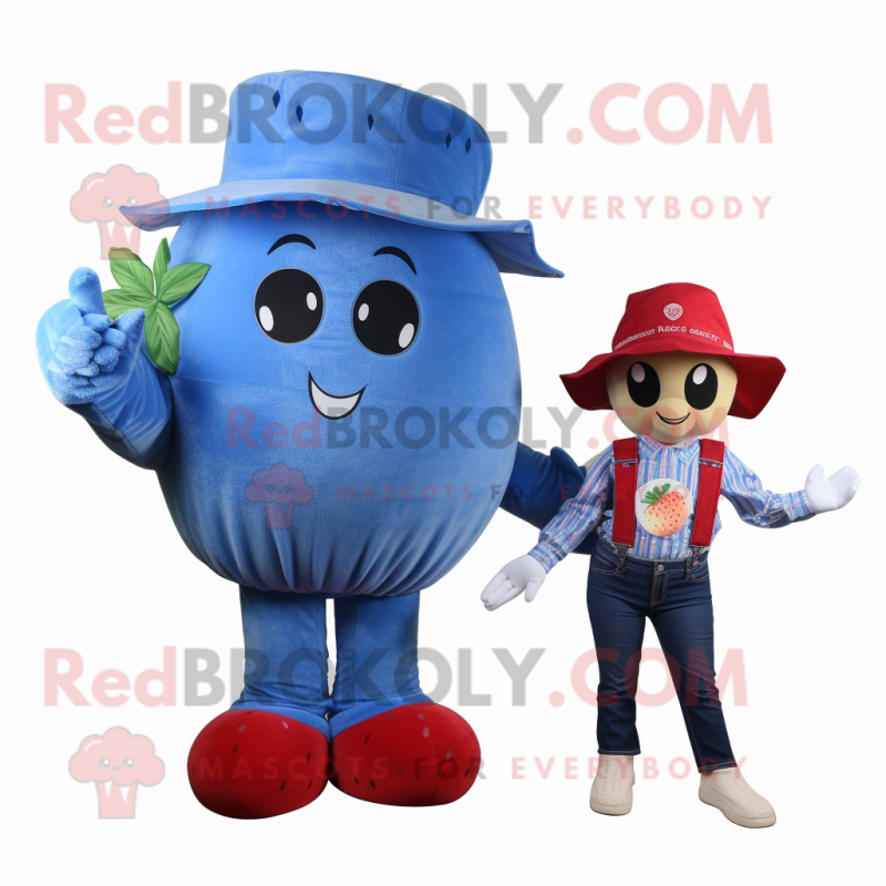 Blue Strawberry mascot costume character dressed with a Mom Jeans and Hats Blue Strawberry mascot costume character dressed with a Mom Jeans and Hats