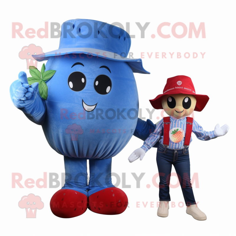 Blue Strawberry mascot costume character dressed with a Mom Jeans and Hats