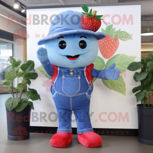 Blue Strawberry mascot costume character dressed with a Mom Jeans and Hats