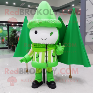 Green Ice Cream Cone mascot costume character dressed with a Raincoat and Messenger bags